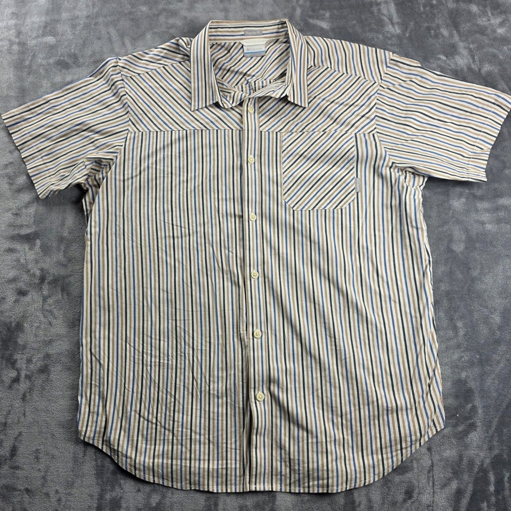 Columbia Button Down Shirt Mens Large Blue Tan Striped Short Sleeve AM0125‎